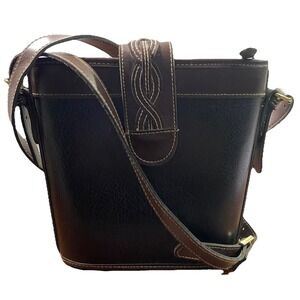 New York Studio Womens Vintage Black W/Brown Trim&Straps Leather Crossbody Purse
